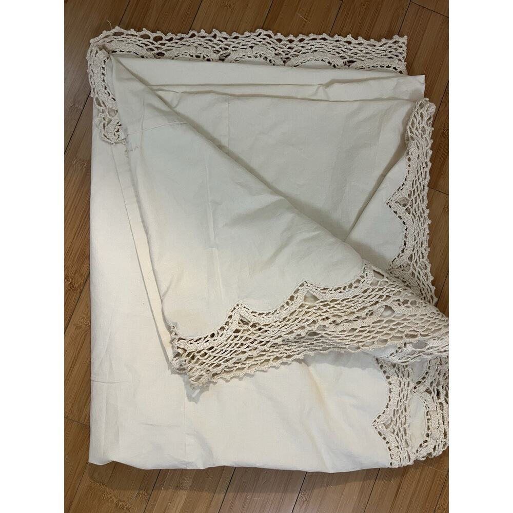 Vintage Cream Cotton Bed Skirt Crochet Lace Trim Full Size 71 X 50” Drop 12”